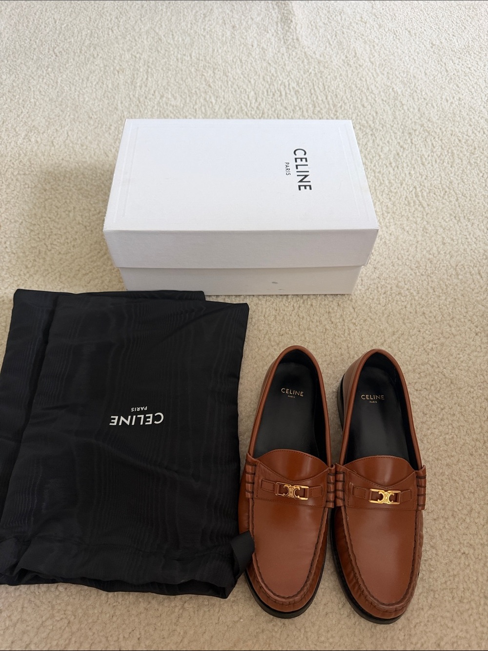 Celine Brown Leather Loafers with Gold Hardware